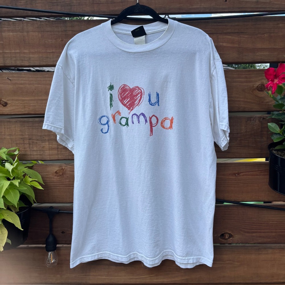 TSI I Heart U Grampa T-Shirt Mens Large White Excellent Crayon Graphic Tee